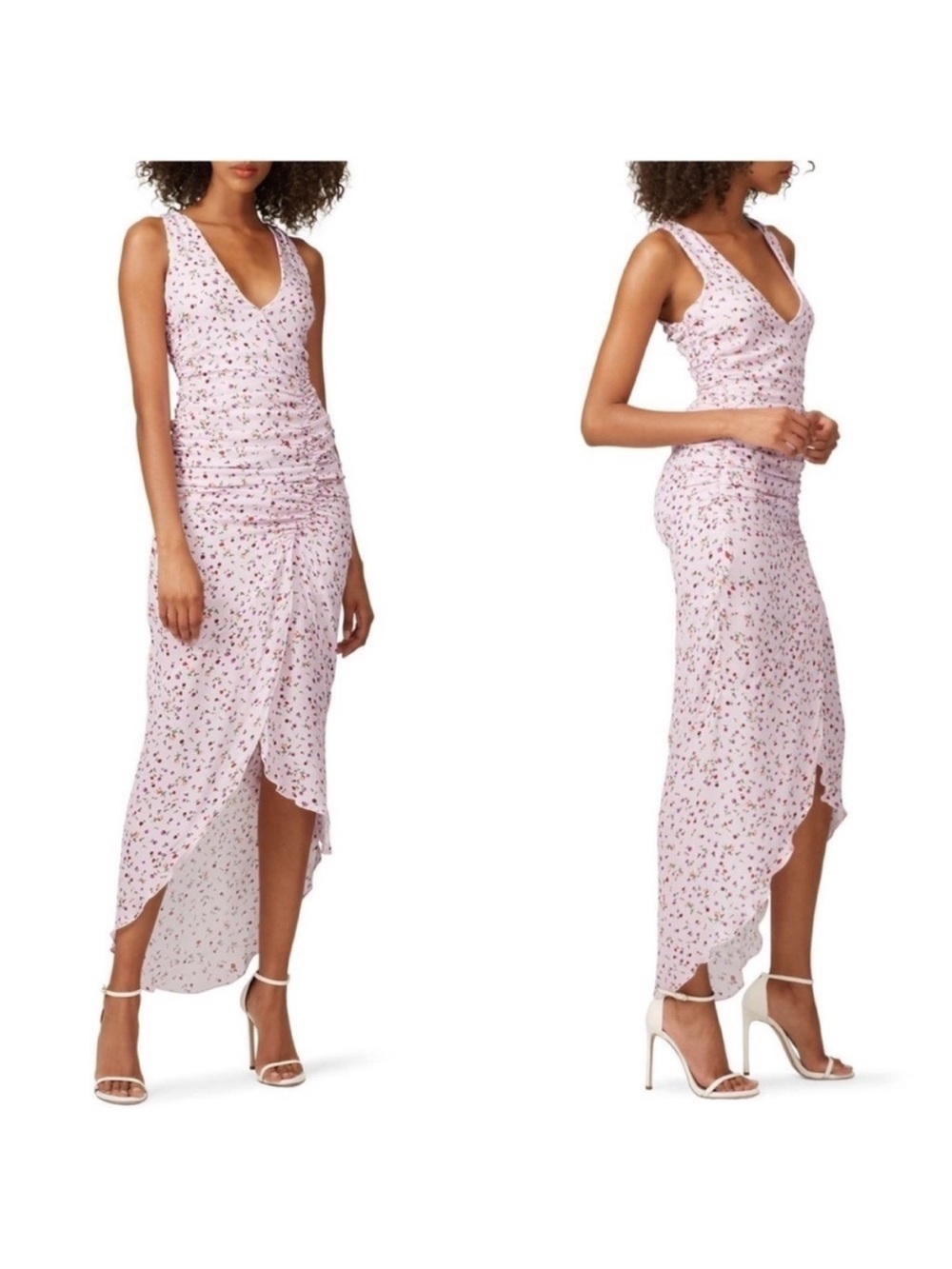 NICHOLAS Pink Purple Silk Floral Drape Front Ruched Hi Low Midi Dress Size 2